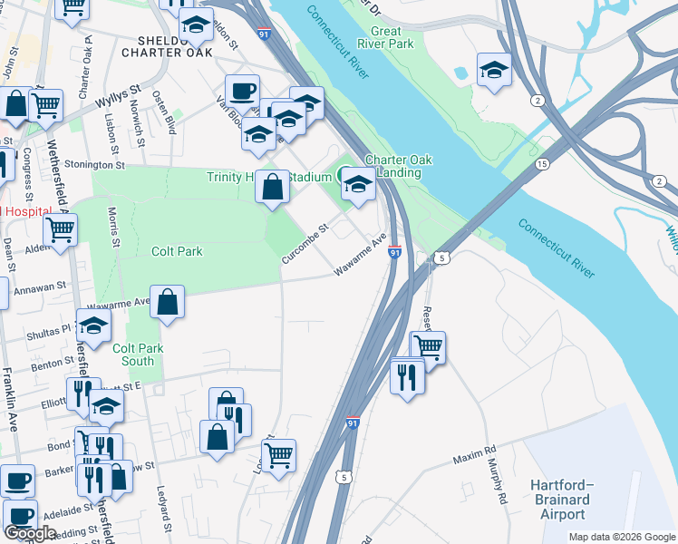 map of restaurants, bars, coffee shops, grocery stores, and more near in Hartford