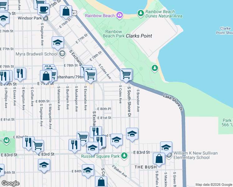 map of restaurants, bars, coffee shops, grocery stores, and more near 3030 East 79th Place in Chicago