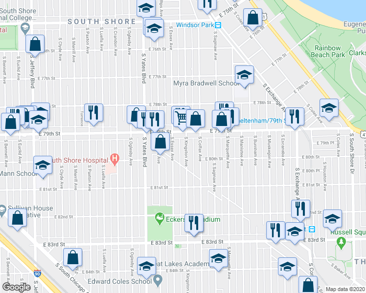 map of restaurants, bars, coffee shops, grocery stores, and more near 7923 South Kingston Avenue in Chicago