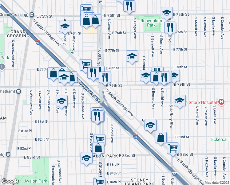 map of restaurants, bars, coffee shops, grocery stores, and more near 7916 South East End Avenue in Chicago