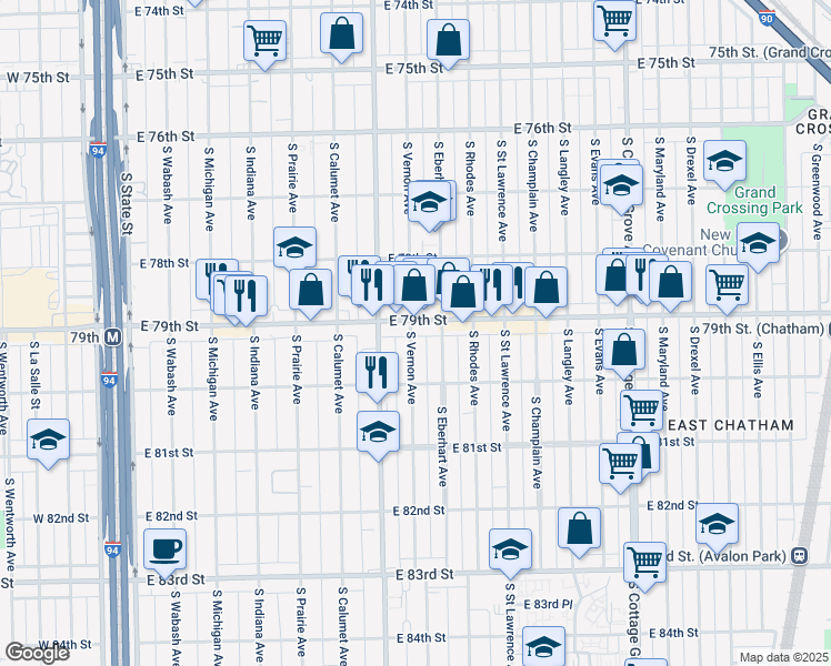 map of restaurants, bars, coffee shops, grocery stores, and more near 458 East 79th Street in Chicago