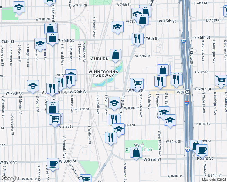 map of restaurants, bars, coffee shops, grocery stores, and more near 7860 South Eggleston Avenue in Chicago