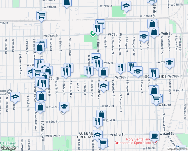 map of restaurants, bars, coffee shops, grocery stores, and more near 7844 South Racine Avenue in Chicago