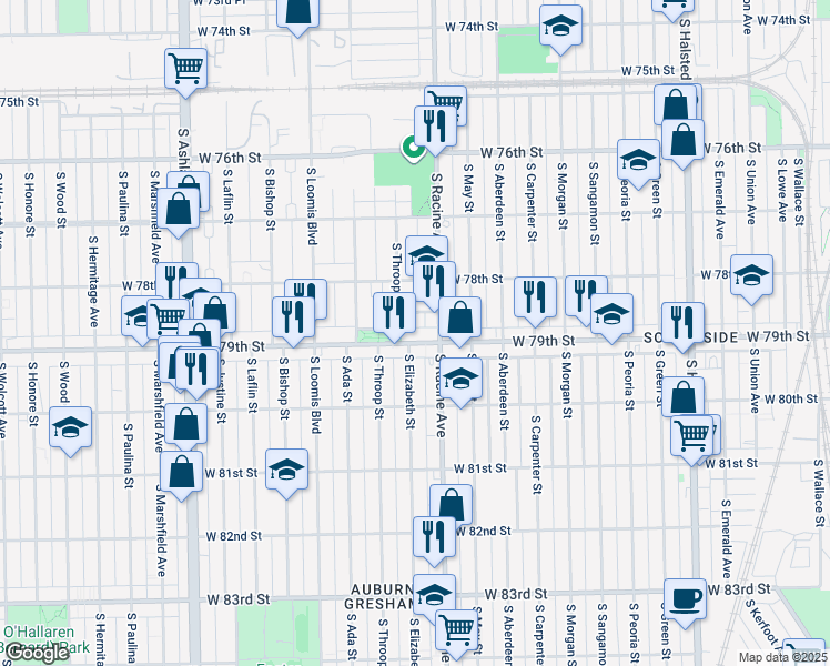 map of restaurants, bars, coffee shops, grocery stores, and more near 7844 South Racine Avenue in Chicago