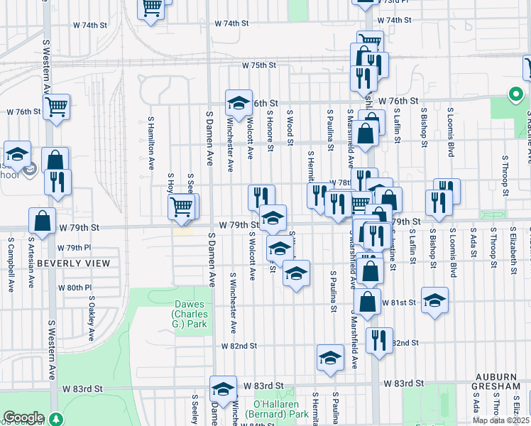 map of restaurants, bars, coffee shops, grocery stores, and more near 7837 South Wolcott Avenue in Chicago
