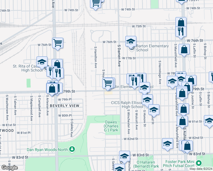 map of restaurants, bars, coffee shops, grocery stores, and more near 7837 South Hoyne Avenue in Chicago