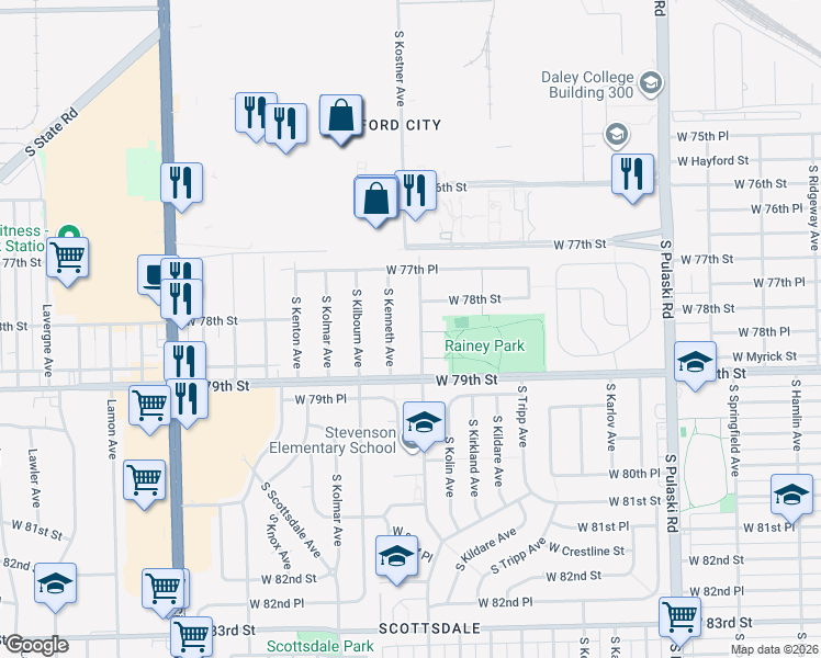 map of restaurants, bars, coffee shops, grocery stores, and more near 7814 South Kostner Avenue in Chicago