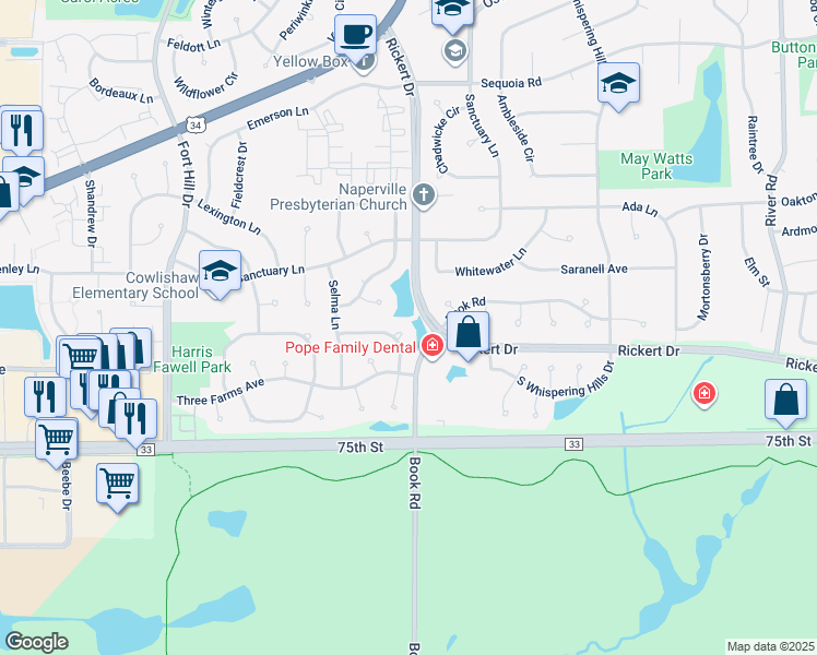 map of restaurants, bars, coffee shops, grocery stores, and more near 1104 Willard Court in Naperville