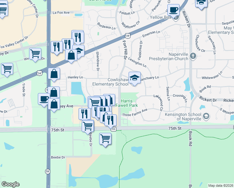 map of restaurants, bars, coffee shops, grocery stores, and more near 2517 Dunraven Avenue in Naperville