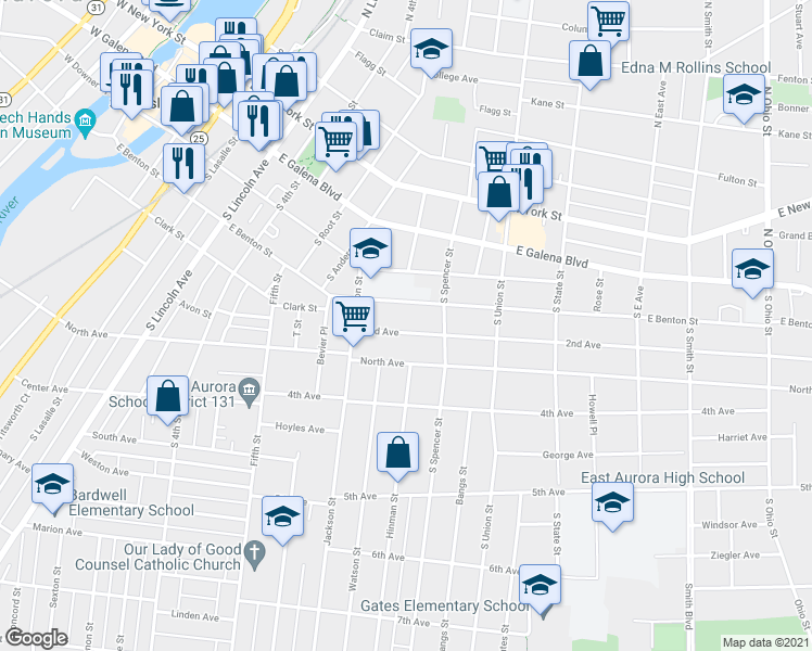 map of restaurants, bars, coffee shops, grocery stores, and more near 582 2nd Avenue in Aurora