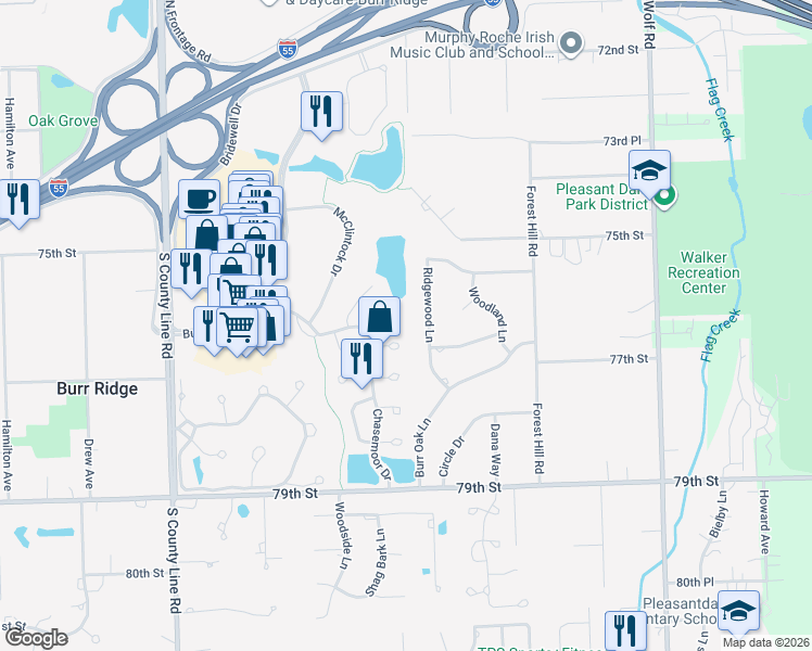 map of restaurants, bars, coffee shops, grocery stores, and more near 81 Trent Court in Burr Ridge