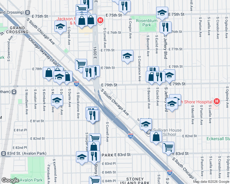 map of restaurants, bars, coffee shops, grocery stores, and more near 7916 South East End Avenue in Chicago