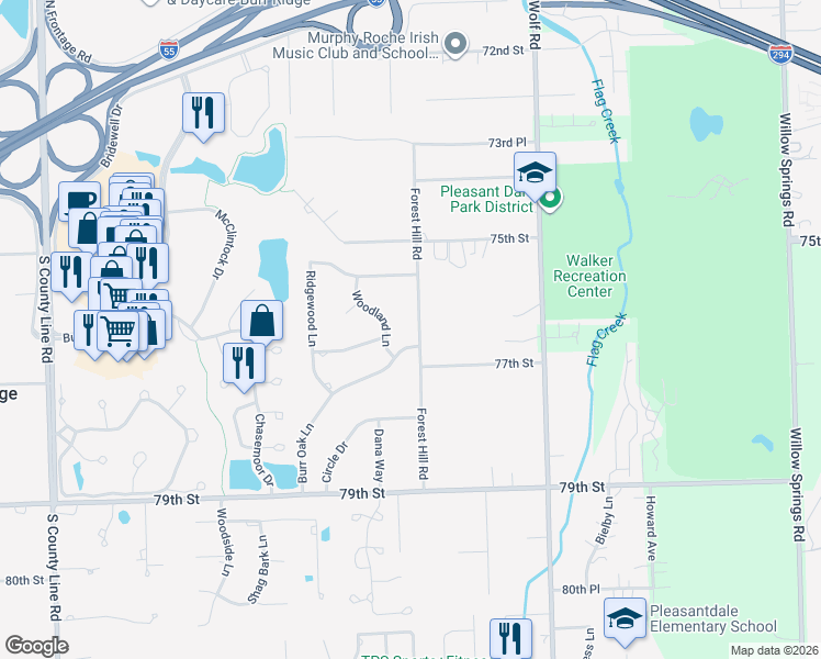 map of restaurants, bars, coffee shops, grocery stores, and more near 7616 Forest Hill Road in Burr Ridge