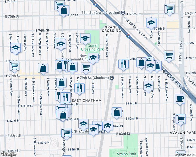 map of restaurants, bars, coffee shops, grocery stores, and more near 7914 South Dobson Avenue in Chicago