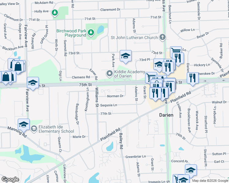 map of restaurants, bars, coffee shops, grocery stores, and more near 1447 Coventry Court in Darien