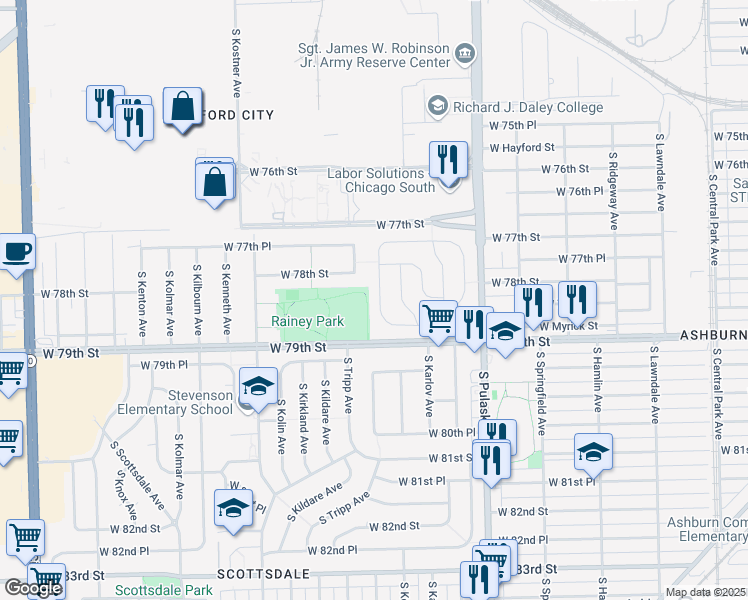 map of restaurants, bars, coffee shops, grocery stores, and more near 7838 South Keeler Avenue in Chicago
