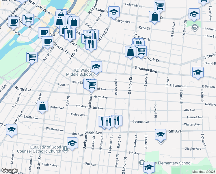 map of restaurants, bars, coffee shops, grocery stores, and more near 582 2nd Avenue in Aurora