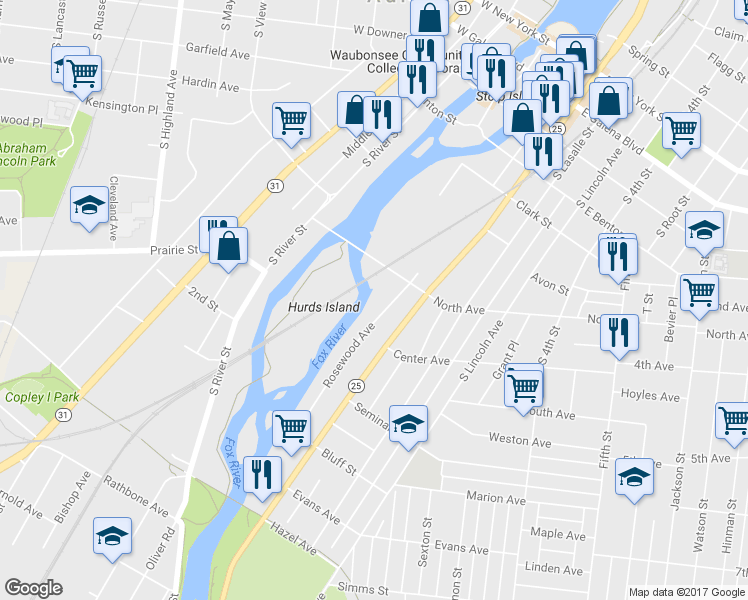 map of restaurants, bars, coffee shops, grocery stores, and more near 335 Rosewood Avenue in Aurora