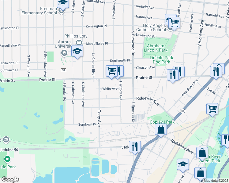map of restaurants, bars, coffee shops, grocery stores, and more near 1114 White Ave in Aurora
