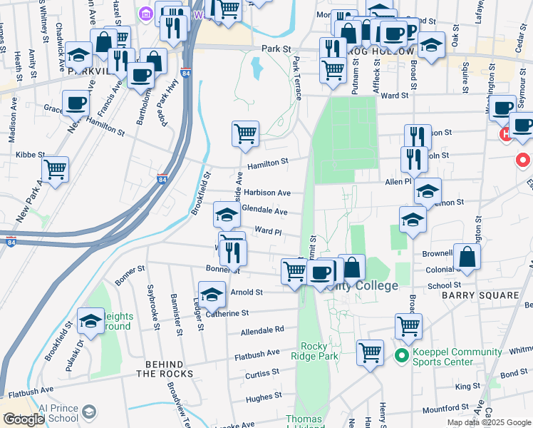 map of restaurants, bars, coffee shops, grocery stores, and more near 55 Glendale Avenue in Hartford