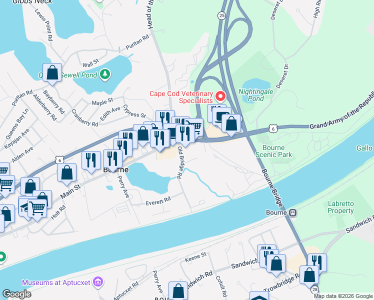map of restaurants, bars, coffee shops, grocery stores, and more near 304 Main Street in Bourne