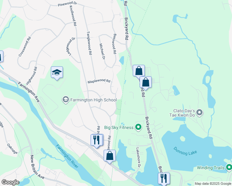 map of restaurants, bars, coffee shops, grocery stores, and more near 17 Rosewood Drive in Farmington