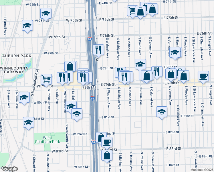map of restaurants, bars, coffee shops, grocery stores, and more near 7841 South Wabash Avenue in Chicago