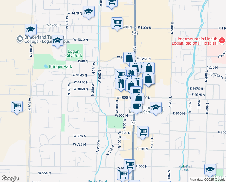 map of restaurants, bars, coffee shops, grocery stores, and more near 1030 North 130 West in Logan