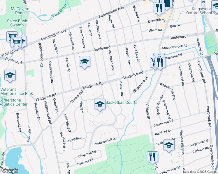 map of restaurants, bars, coffee shops, grocery stores, and more near 5 Sulgrave Road in West Hartford