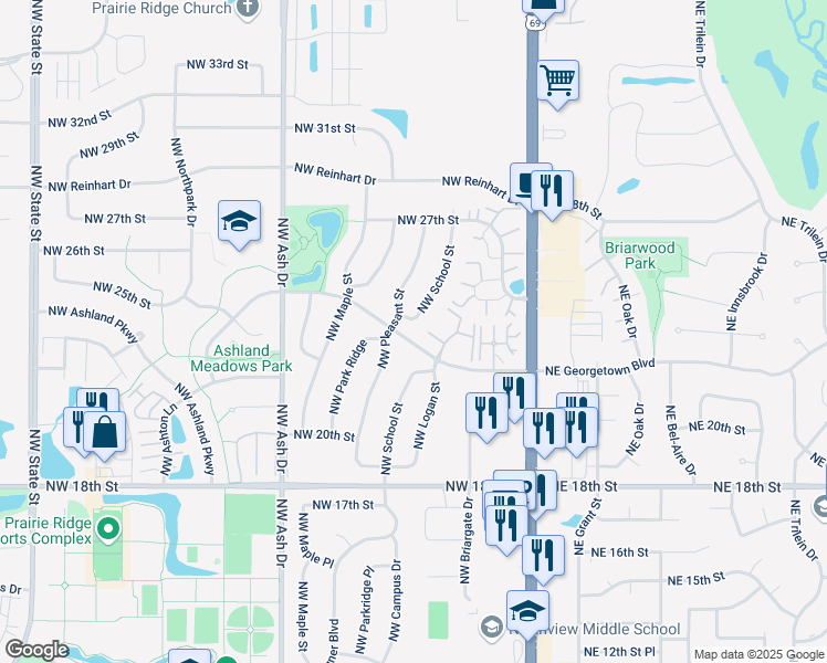 map of restaurants, bars, coffee shops, grocery stores, and more near 2309 Northwest School Street in Ankeny