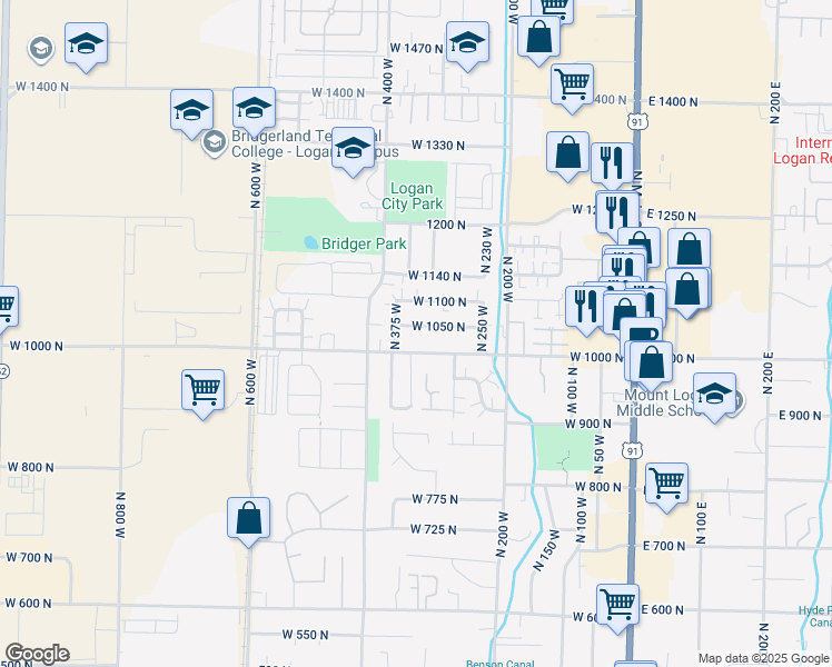 map of restaurants, bars, coffee shops, grocery stores, and more near 350 West 1050 North in Logan