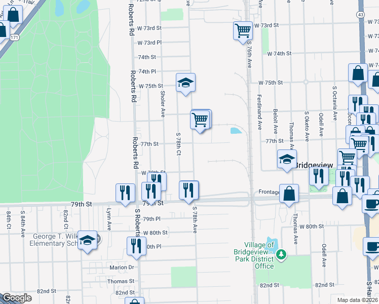 map of restaurants, bars, coffee shops, grocery stores, and more near 7716 78th Avenue in Bridgeview