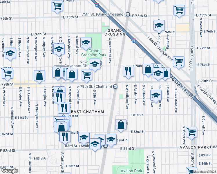 map of restaurants, bars, coffee shops, grocery stores, and more near 7914 South Greenwood Avenue in Chicago