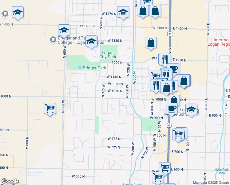 map of restaurants, bars, coffee shops, grocery stores, and more near 308 West 1050 North in Logan