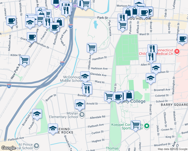 map of restaurants, bars, coffee shops, grocery stores, and more near 95 Glendale Avenue in Hartford