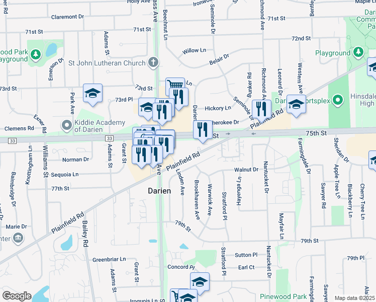 map of restaurants, bars, coffee shops, grocery stores, and more near 1102 Plainfield Road in Darien