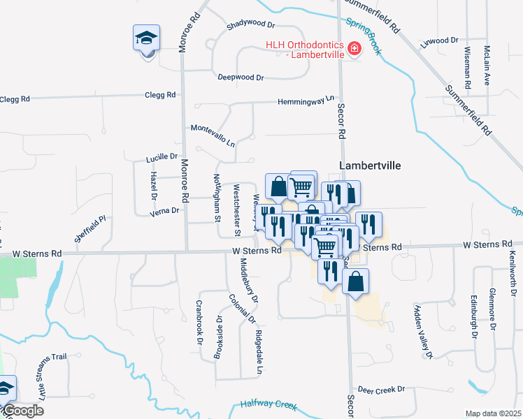 map of restaurants, bars, coffee shops, grocery stores, and more near 7528 Wellsley Street in Lambertville