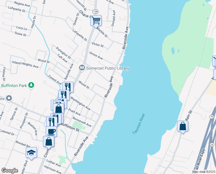 map of restaurants, bars, coffee shops, grocery stores, and more near 2955 Riverside Avenue in Somerset