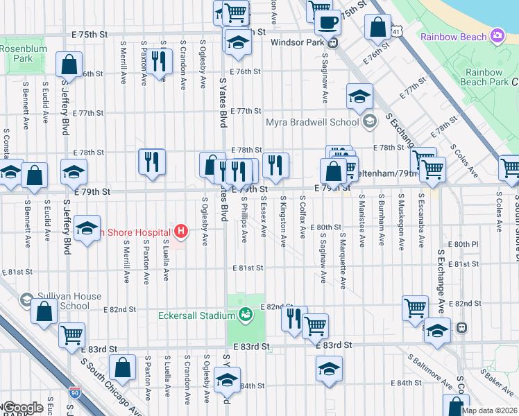 map of restaurants, bars, coffee shops, grocery stores, and more near 7928 South Essex Avenue in Chicago