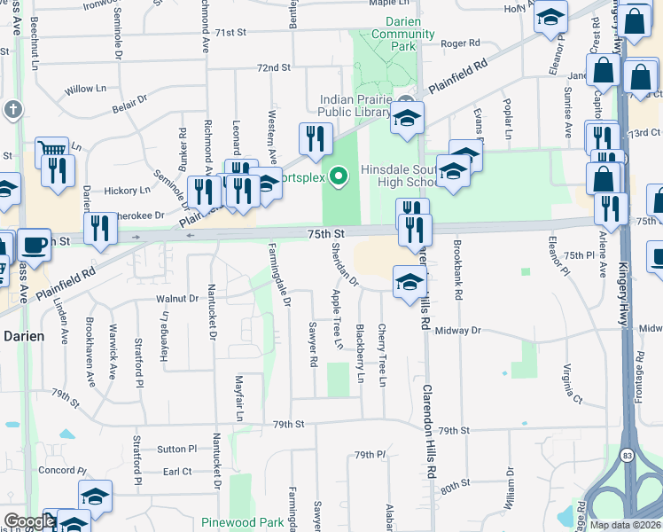 map of restaurants, bars, coffee shops, grocery stores, and more near 7525 Sheridan Drive in Willowbrook