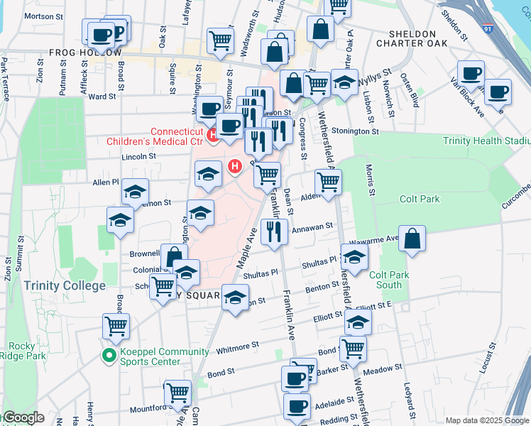 map of restaurants, bars, coffee shops, grocery stores, and more near 43 Franklin Avenue in Hartford