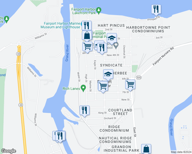 map of restaurants, bars, coffee shops, grocery stores, and more near 533 Eagle Street in Fairport Harbor