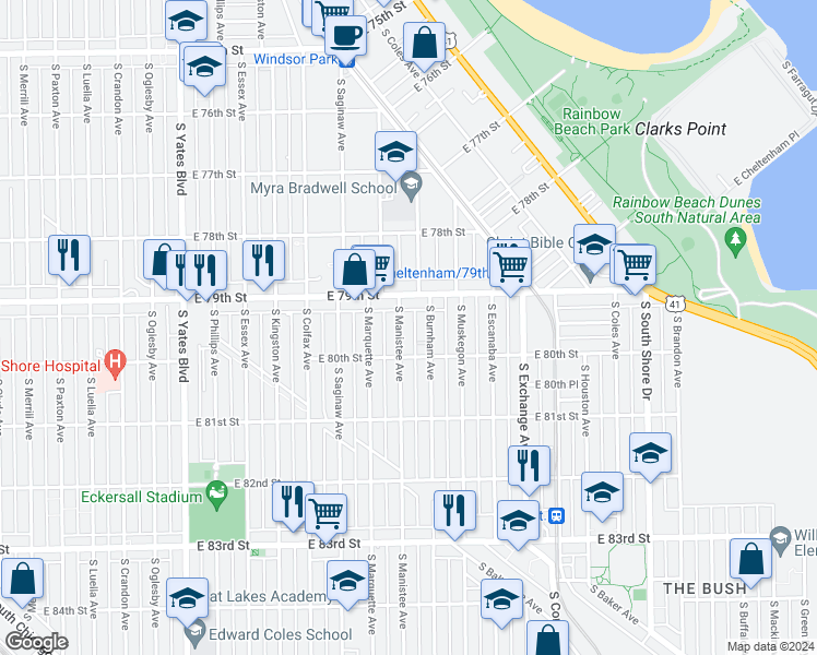 map of restaurants, bars, coffee shops, grocery stores, and more near 7926 South Manistee Avenue in Chicago