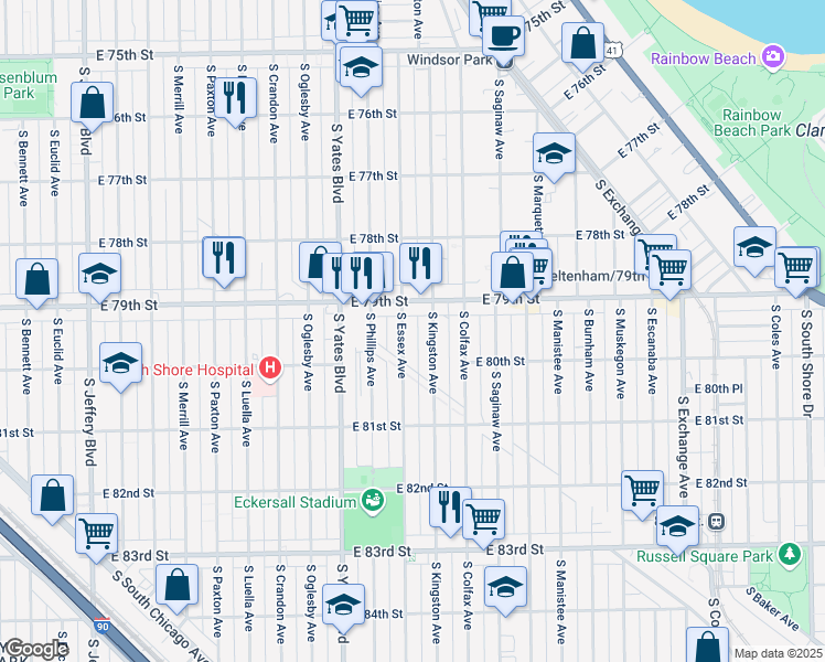 map of restaurants, bars, coffee shops, grocery stores, and more near 7924 South Essex Avenue in Chicago