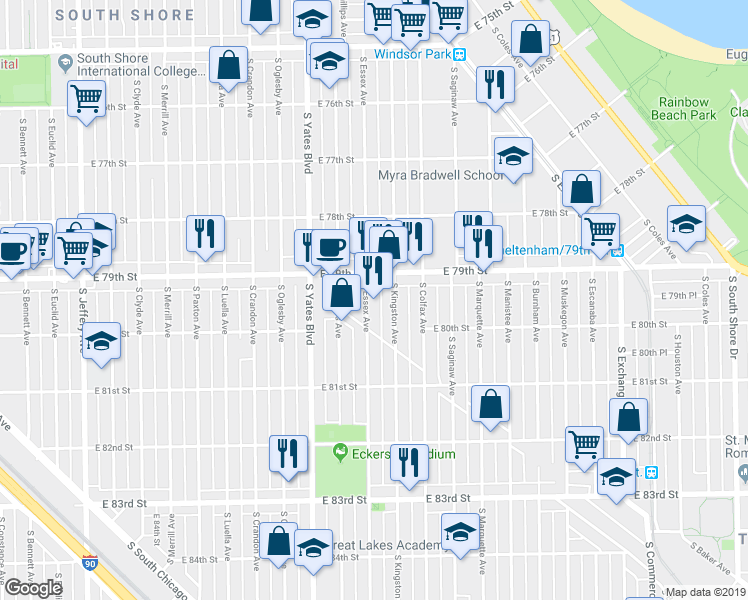 map of restaurants, bars, coffee shops, grocery stores, and more near 7924 South Essex Avenue in Chicago