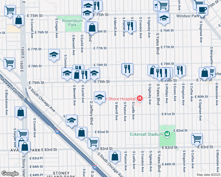 map of restaurants, bars, coffee shops, grocery stores, and more near 7923 South Clyde Avenue in Chicago