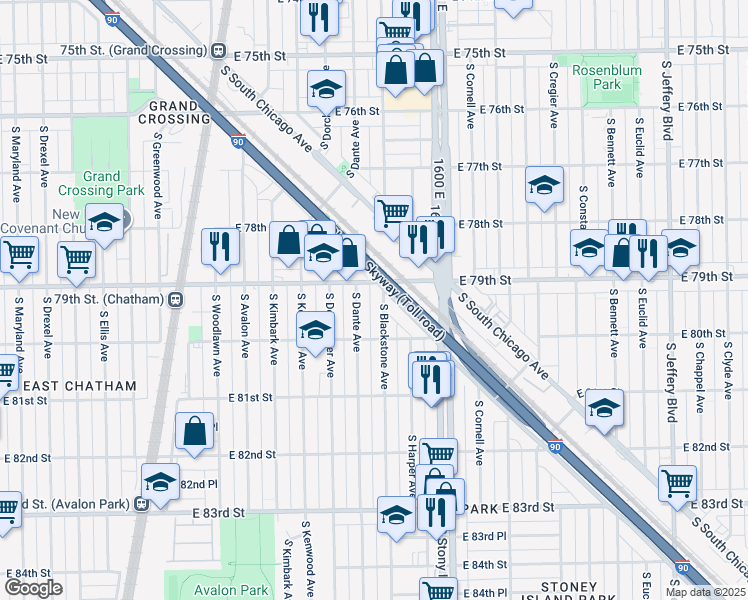 map of restaurants, bars, coffee shops, grocery stores, and more near 7912 South Anthony Avenue in Chicago