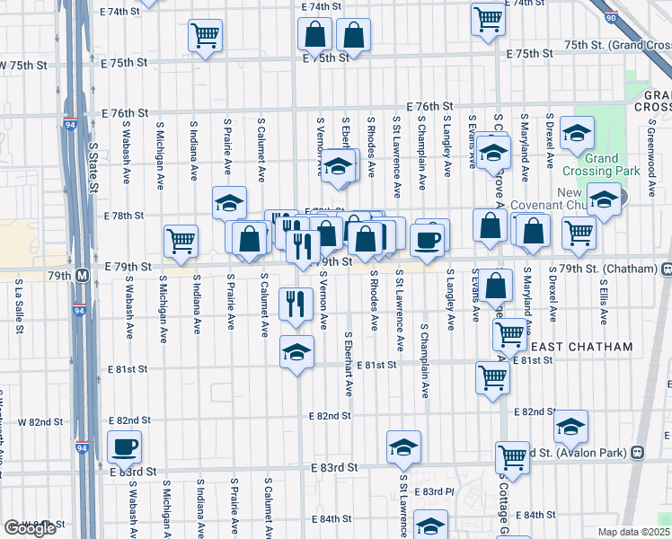 map of restaurants, bars, coffee shops, grocery stores, and more near 458 East 79th Street in Chicago