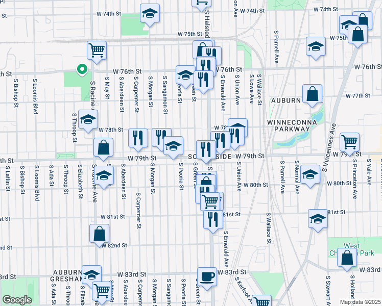 map of restaurants, bars, coffee shops, grocery stores, and more near 7858 South Halsted Street in Chicago