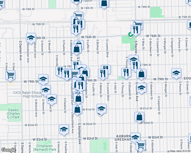 map of restaurants, bars, coffee shops, grocery stores, and more near 7841 South Bishop Street in Chicago